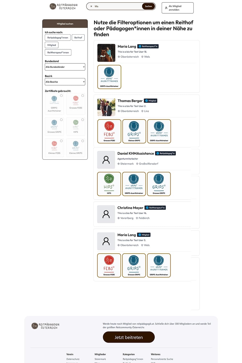 Profildetail mit Qualifikationen und Zertifikats-Badges
